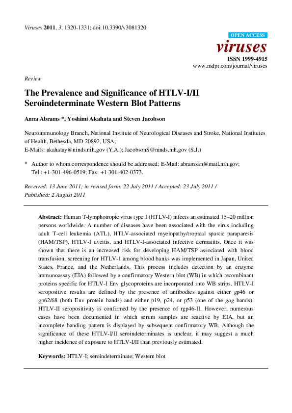 (PDF) The prevalence and significance of HTLV-I/II seroindeterminate ...