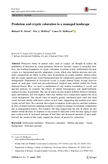 (PDF) Predation and cryptic coloration in a managed landscape
