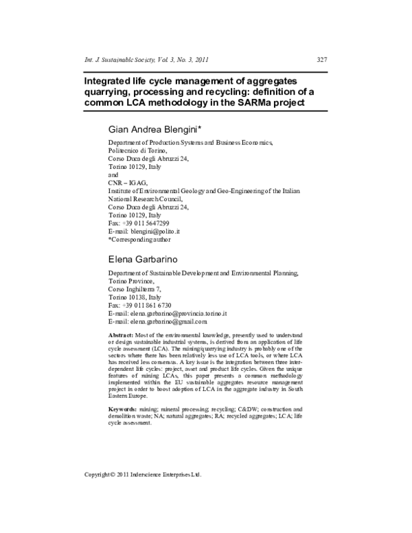 (PDF) Integrated life cycle management of aggregates quarrying ...