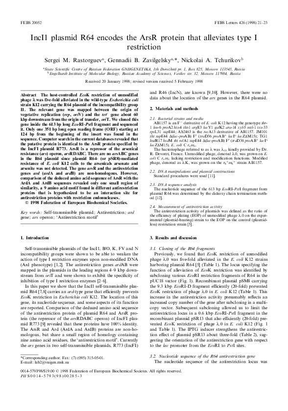 (PDF) IncI1 plasmid R64 encodes the ArsR protein that alleviates type I ...