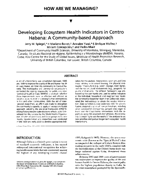 (PDF) Developing Ecosystem Health Indicators in Centro Habana: A ...