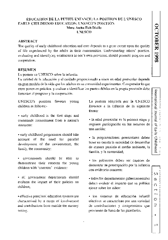 (PDF) Education de la petite enfance La position de L’UNESCO early