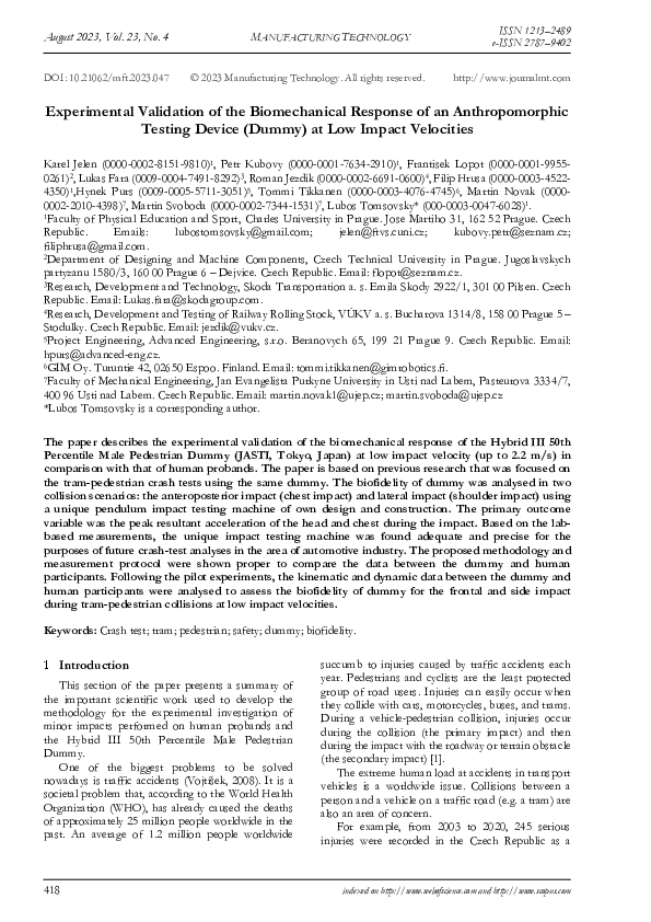 (PDF) Experimental Validation of the Biomechanical Response of an ...
