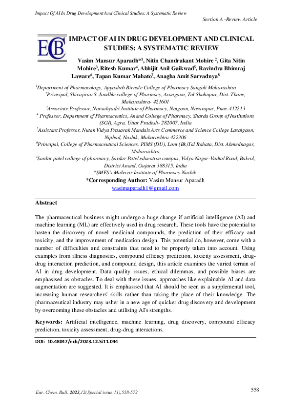 (PDF) IMPACT OF AI IN DRUG DEVELOPMENT AND CLINICAL STUDIES: A ...