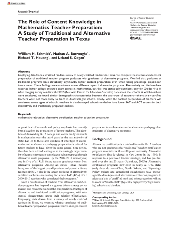 (PDF) The Role of Content Knowledge in Mathematics Teacher Preparation ...