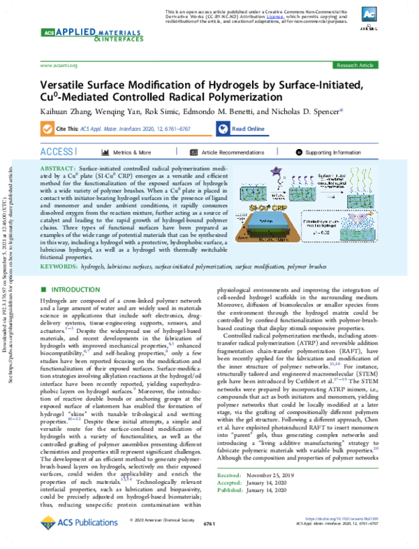 (PDF) Versatile Surface Modification of Hydrogels by Surface-Initiated ...