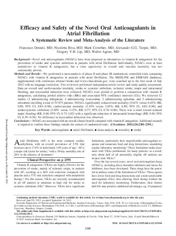 (PDF) Efficacy and Safety of the Novel Oral Anticoagulants in Atrial ...