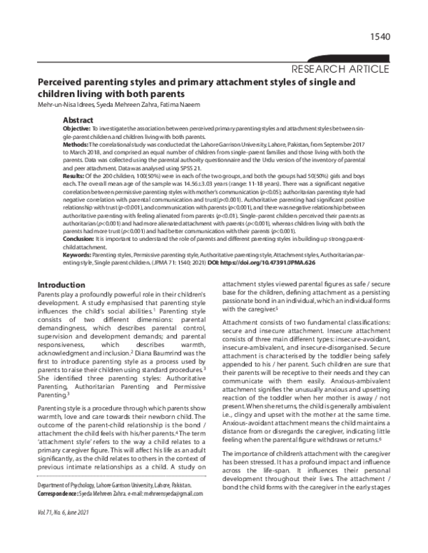 (PDF) Perceived parenting styles and primary attachment styles of ...