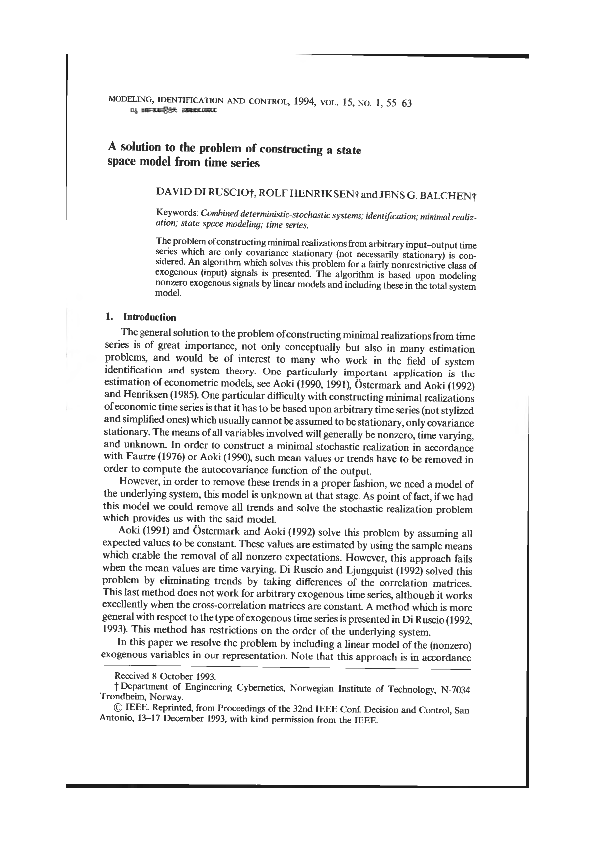 (PDF) A solution to the problem of constructing a state space model ...