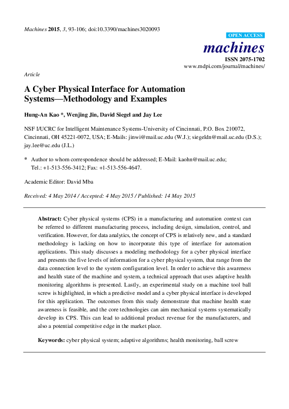 (PDF) A Cyber Physical Interface for Automation Systems—Methodology and ...