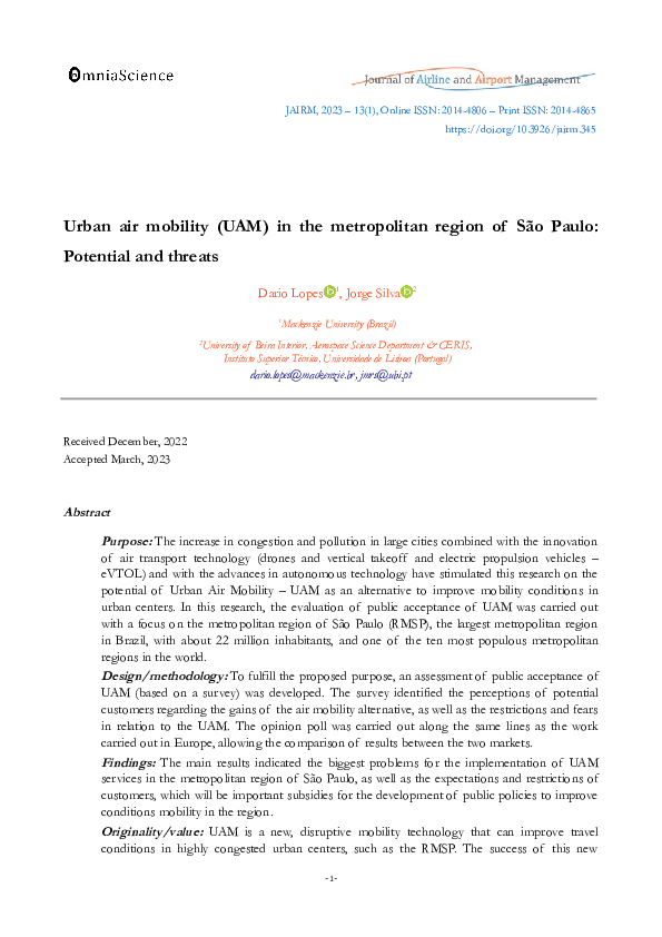 (PDF) Urban air mobility (UAM) in the metropolitan region of São Paulo ...