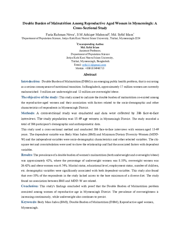 (PDF) Double Burden of Malnutrition Among Reproductive Aged Women in ...