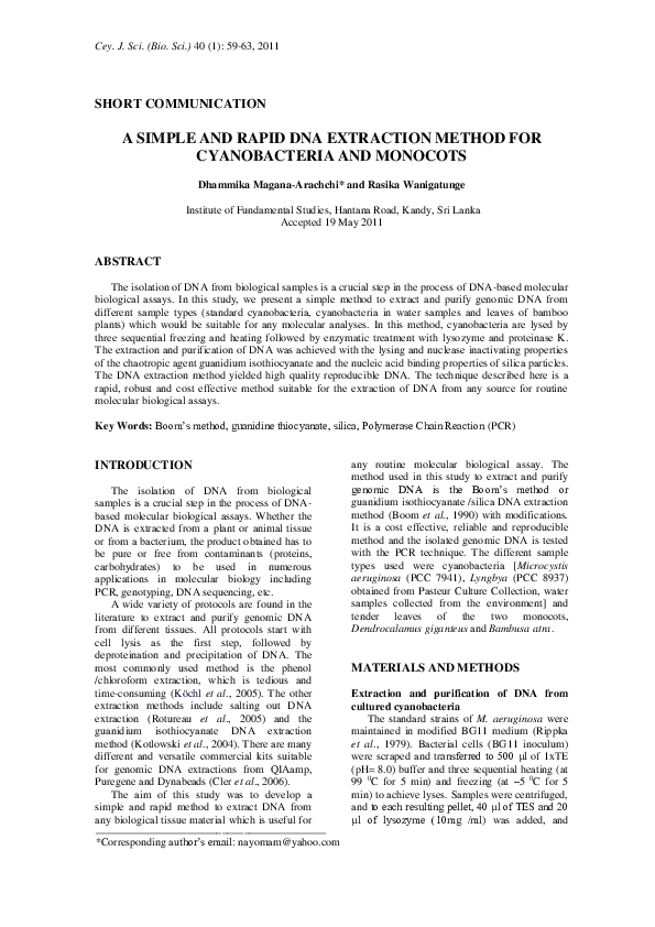(PDF) A simple and rapid DNA extraction method for Cyanobacteria and ...