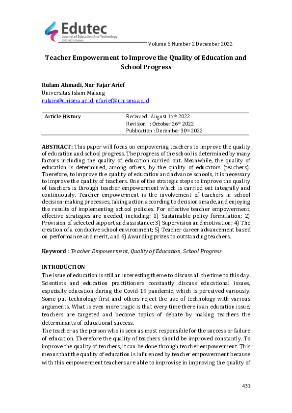(PDF) Teacher Empowerment to Improve the Quality of Education and ...