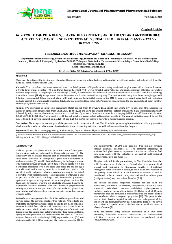 (PDF) IN VITRO TOTAL PHENOLICS, FLAVONOIDS CONTENTS, ANTIOXIDANT AND ...
