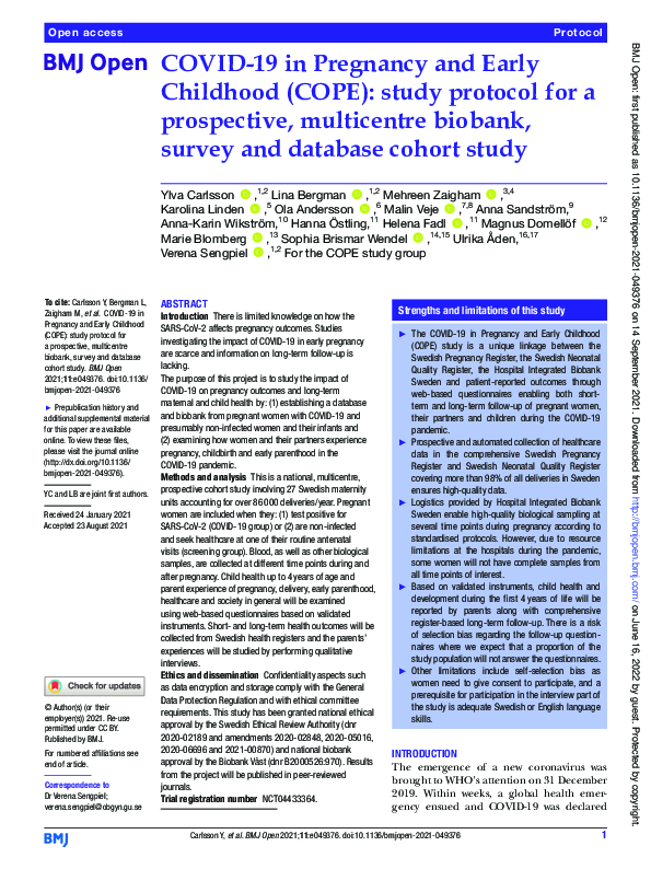(PDF) COVID-19 in Pregnancy and Early Childhood (COPE): study protocol ...