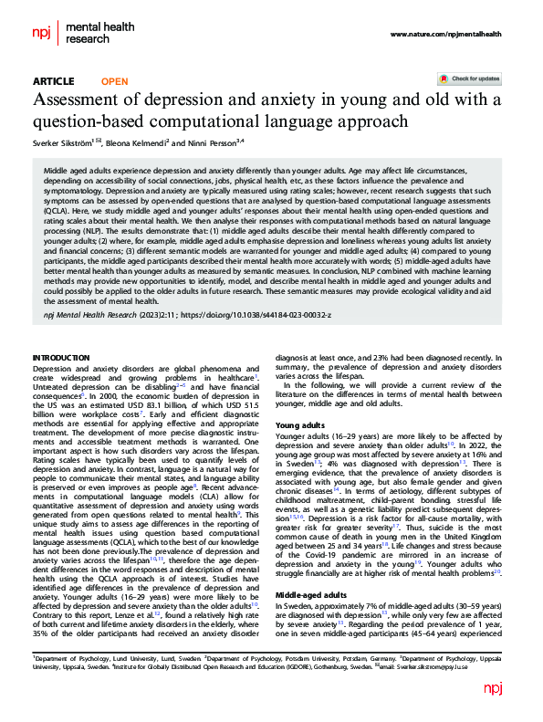 (PDF) Assessment of depression and anxiety in young and old with a ...