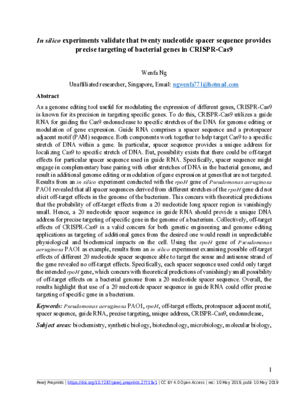 (PDF) In silico experiments validate that twenty nucleotide spacer ...