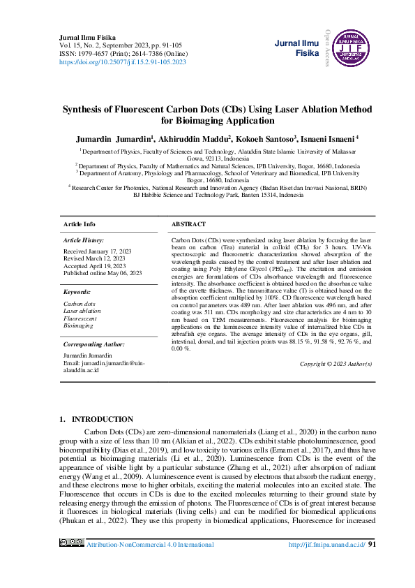 (PDF) Synthesis of Fluorescent Carbon Dots (CDs) Using Laser Ablation ...
