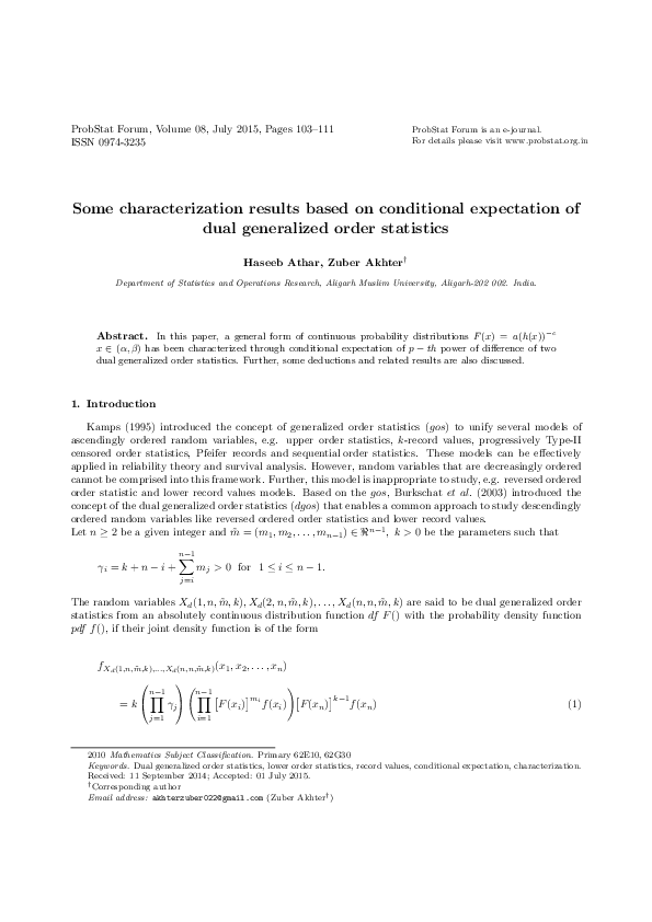 (PDF) Some characterization results based on conditional expectation of ...