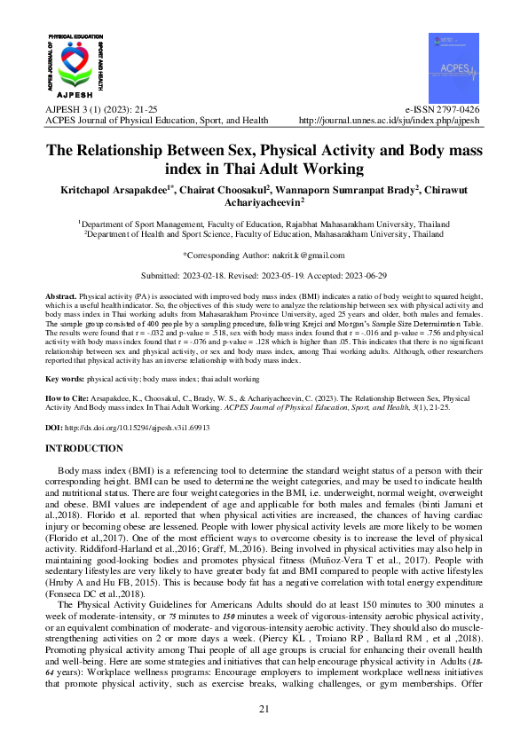 The Relationship between Sex, Physical Activity and Body Mass Index in Thai Adult Working