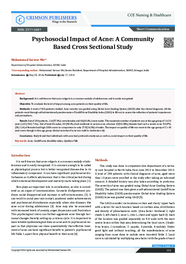 (PDF) Psychosocial Impact of Acne: A Community Based Cross Sectional Study