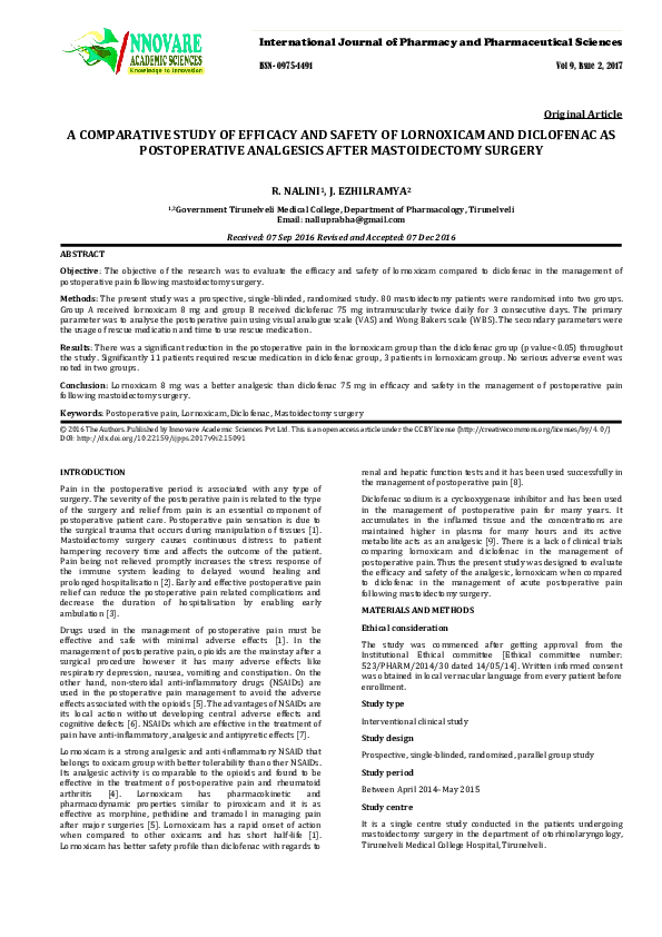 (PDF) A COMPARATIVE STUDY OF EFFICACY AND SAFETY OF LORNOXICAM AND ...