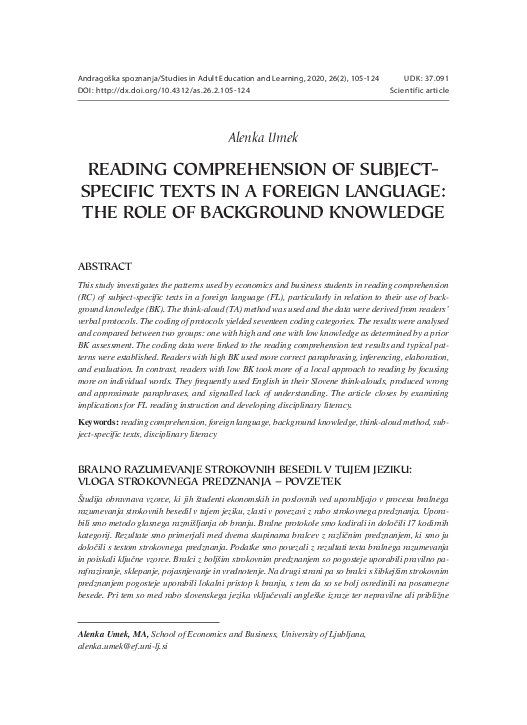 (PDF) Reading Comprehension of Subject-specific Texts in a Foreign Language