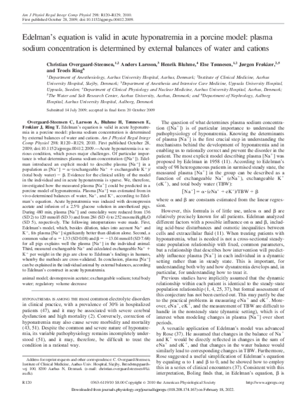 (PDF) Edelman's equation is valid in acute hyponatremia in a porcine ...