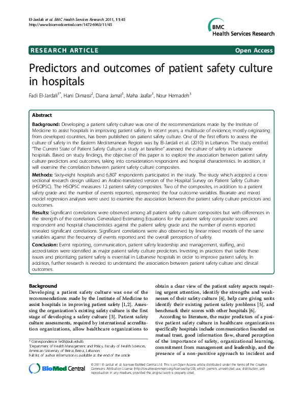 (PDF) Predictors and outcomes of patient safety culture in hospitals