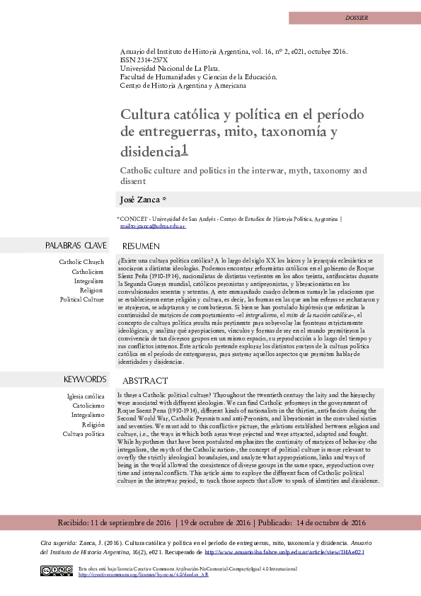 Cultura católica y política en el período de entreguerras, mito, taxonomía y disidencia