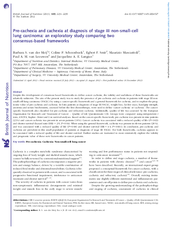(PDF) Pre-cachexia and cachexia at diagnosis of stage III non-small ...