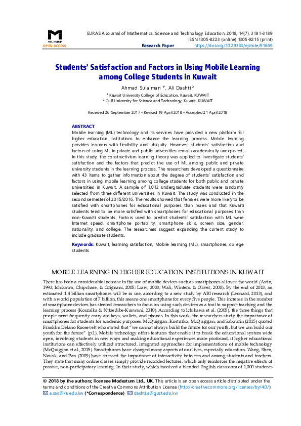 (PDF) Students’ Satisfaction and Factors in Using Mobile Learning among ...