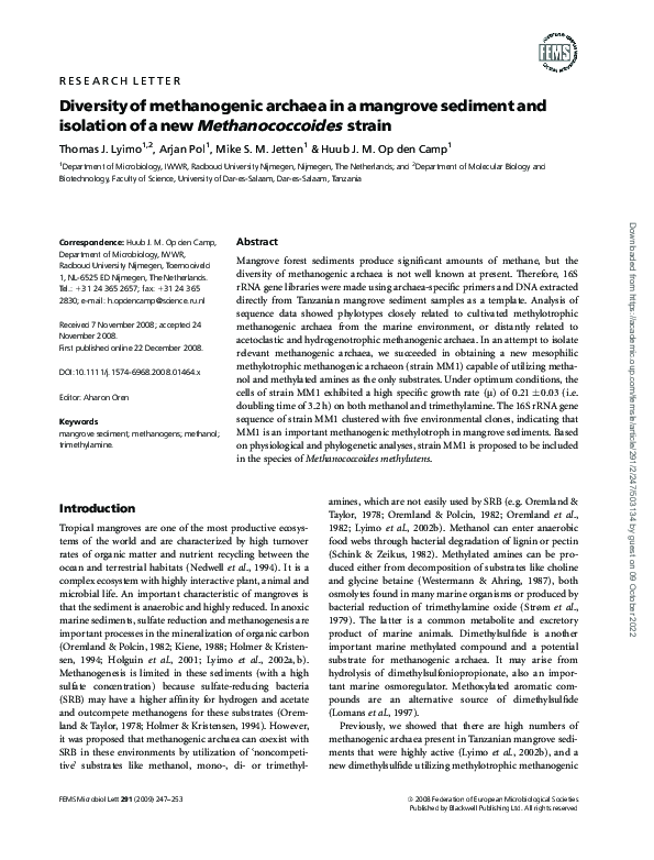 (PDF) Diversity of methanogenic archaea in a mangrove sediment and ...