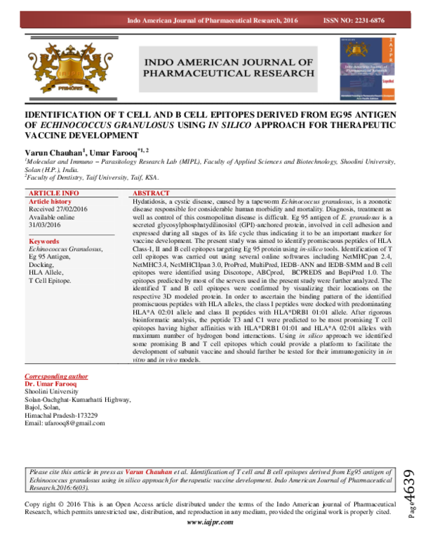 (PDF) Identification of T Cell and B Cell Epitopes Derived from EG95 ...