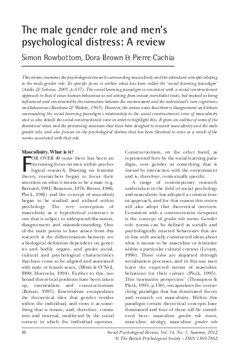 (PDF) The male gender role and men’s psychological distress: A review