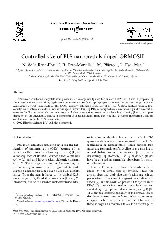 (PDF) Controlled size of PbS nanocrystals doped ORMOSIL