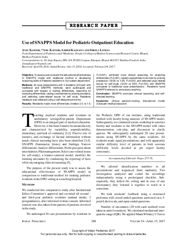 (PDF) Use of SNAPPS model for pediatric outpatient education Anju