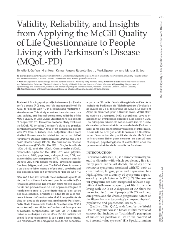 (PDF) Validity, Reliability, and Insights from Applying the McGill ...