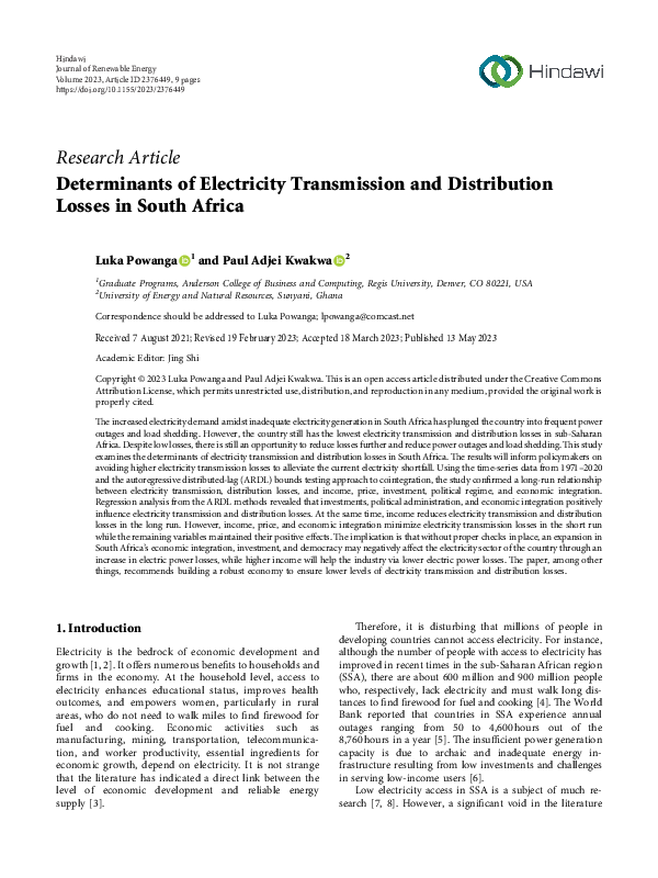 Determinants of Electricity Transmission and Distribution Losses in South Africa