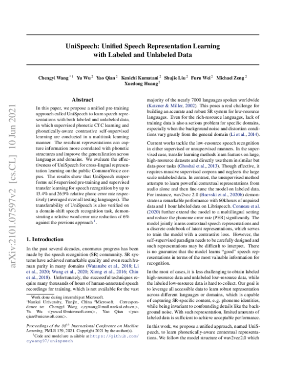 (PDF) UniSpeech: Unified Speech Representation Learning with Labeled ...