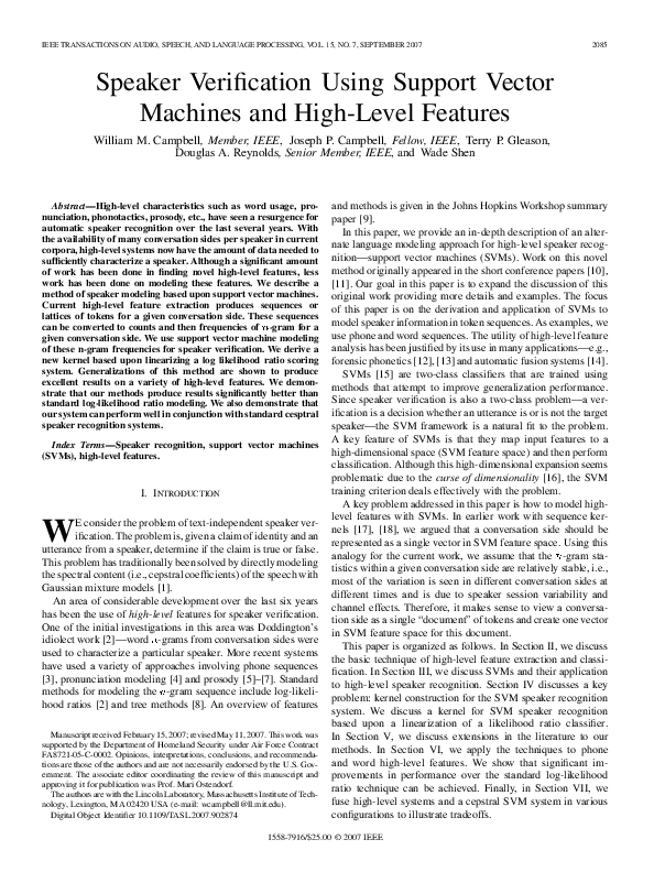 (PDF) Speaker Verification Using Support Vector Machines and High-Level ...