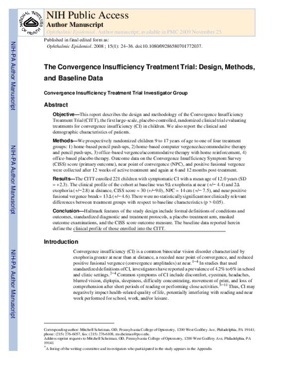 (PDF) The Convergence Insufficiency Treatment Trial: Design, Methods ...