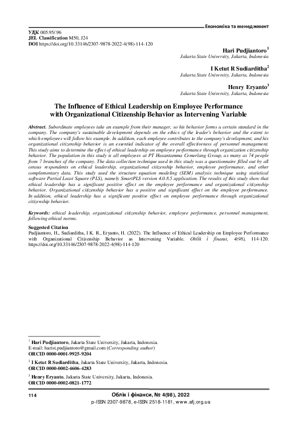 (PDF) The Influence of Ethical Leadership on Employee Performance with ...