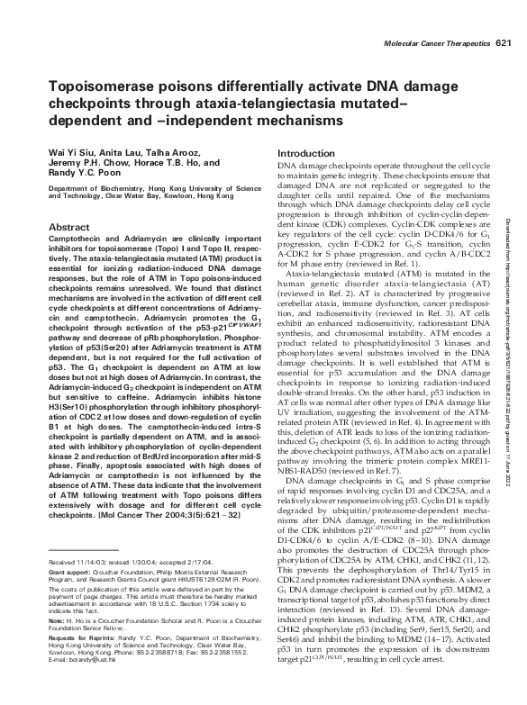 (PDF) Topoisomerase poisons differentially activate DNA damage ...