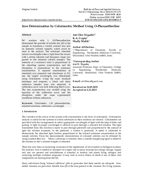 (PDF) Iron Determination by Colorimetric Method Using O-Phenanthroline