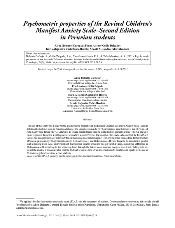 (PDF) Psychometric properties of the Revised Children's Manifest ...