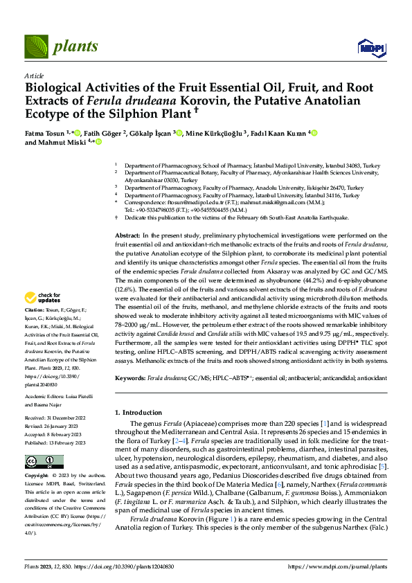 Biological Activities of the Fruit Essential Oil, Fruit, and Root Extracts of Ferula drudeana Korovin, the Putative Anatolian Ecotype of the Silphion Plant