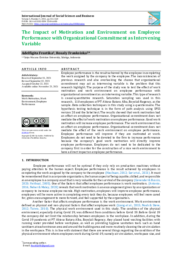 (PDF) The Impact of Motivation and Environment on Employee Performance ...