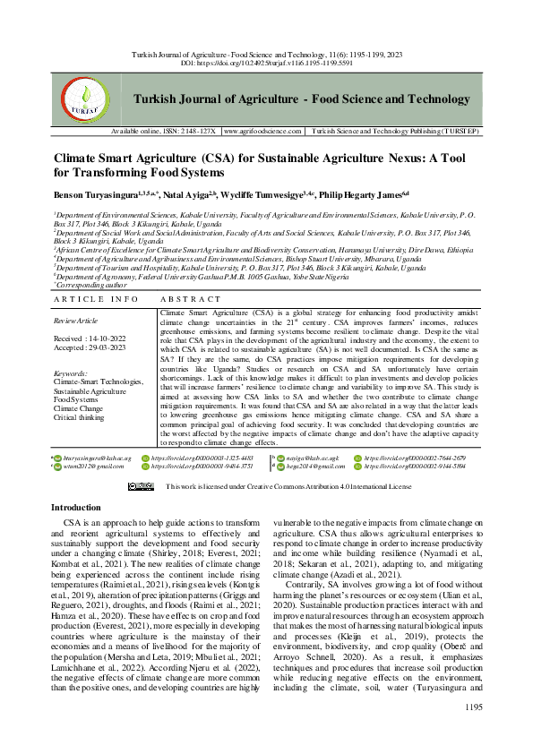 (PDF) Climate Smart Agriculture (CSA) for Sustainable Agriculture Nexus ...
